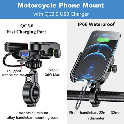 2-Way Mounted Motorcycle Handlebar Cell Phone Holder With Quick 3.0 Usb Charging