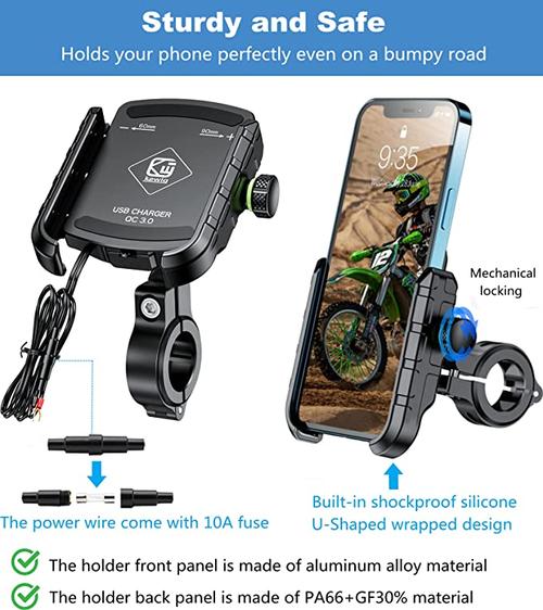 2-Way Mounted Motorcycle Handlebar Cell Phone Holder With Quick 3.0 Usb Charging