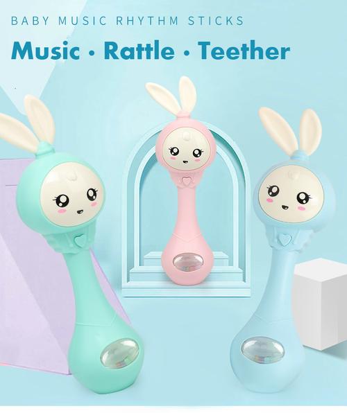 Baby Music Flashing Teether Rattle with Rabbit Hand Bells Mobile for Newborn 0-12M