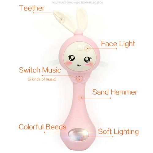 Baby Music Flashing Teether Rattle with Rabbit Hand Bells Mobile for Newborn 0-12M