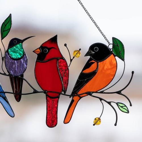 Birds Stained Glass Window Hangings, Independent Station Small Bird Painted Window Decoration