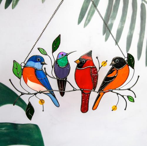 Birds Stained Glass Window Hangings, Independent Station Small Bird Painted Window Decoration