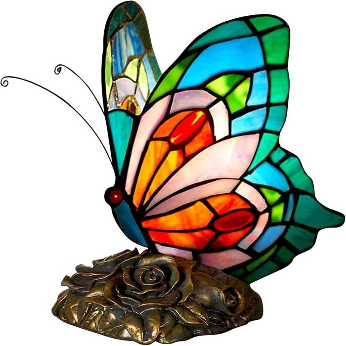 Tiffany Style Butterfly Lamp, Stained Glass Table or Desk Light LED Bulb Included, Colorful Vintage Look Butterfly Décor