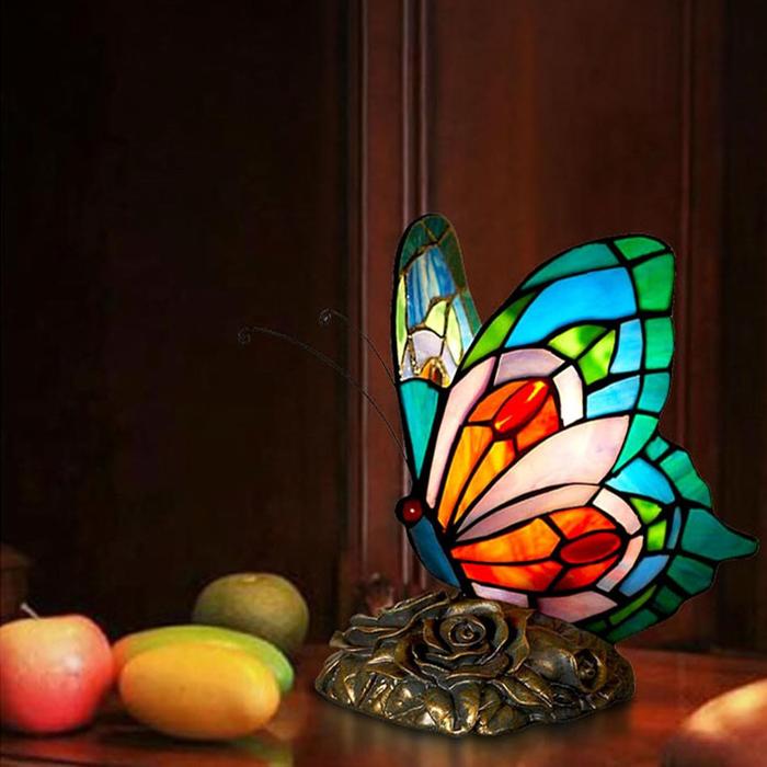 Tiffany Style Butterfly Lamp, Stained Glass Table or Desk Light LED Bulb Included, Colorful Vintage Look Butterfly Décor