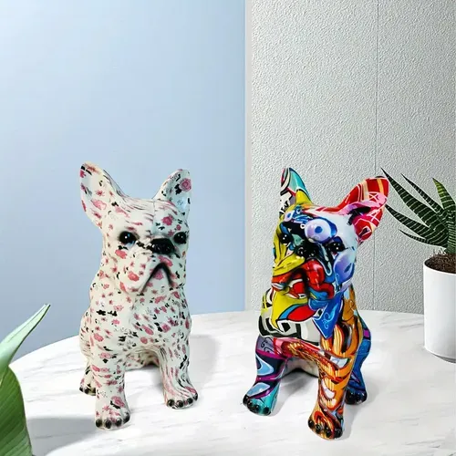 Colorful French Bulldog Resin Figurine Statue - DIY Doodle Crafts for Bookshelf or Tabletop