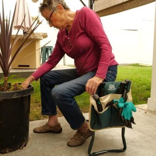 Foldable Outdoor Lawn Bench Chair With Tool Pouch Garden Rest