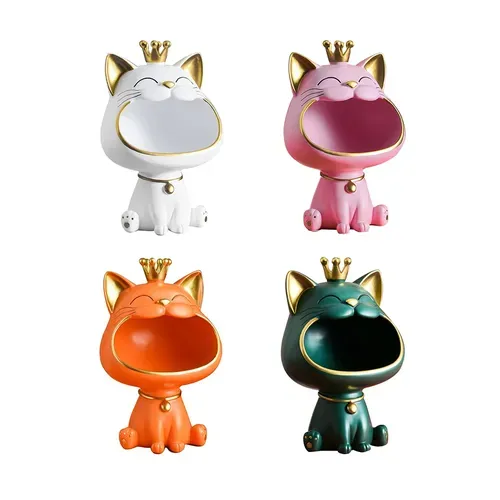 Fortune Cat Sculpture Key Holder with Storage Tray for Home Decoration