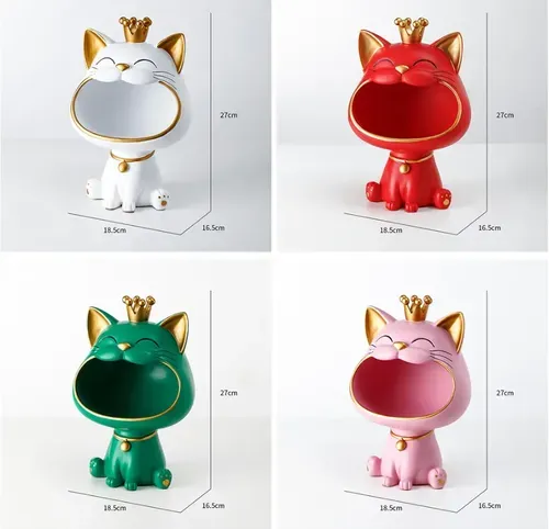 Fortune Cat Sculpture Key Holder with Storage Tray for Home Decoration