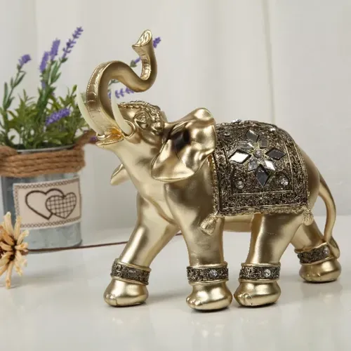 Golden Resin Elephant Statue with Elegant Trunk - Lucky Wealth Figurine Home Decor