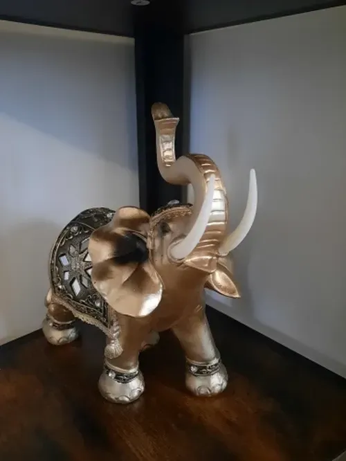 Golden Resin Elephant Statue with Elegant Trunk - Lucky Wealth Figurine Home Decor photo review