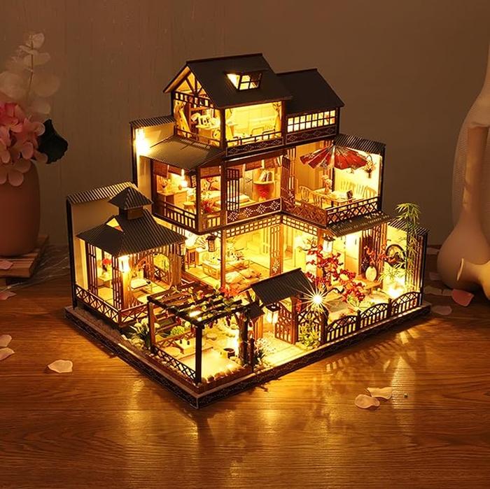 Dollhouse Miniature with Furniture, DIY Wooden Dollhouse Kit Japanese Style Plus Dust Protection and Music Movement