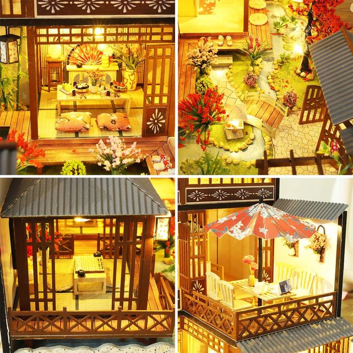 Dollhouse Miniature with Furniture, DIY Wooden Dollhouse Kit Japanese Style Plus Dust Protection and Music Movement