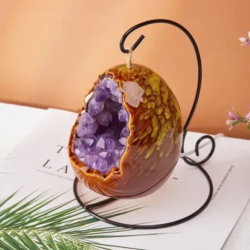 Natural Crystal Egg Shape Lamp with Amethyst &amp; Citrine Clusters - USB Powered LED Night Light for Bedroom Home Decor