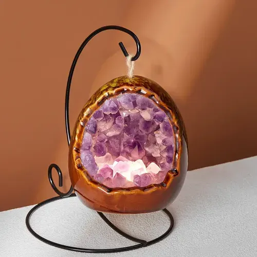 Natural Crystal Egg Shape Lamp with Amethyst &amp; Citrine Clusters - USB Powered LED Night Light for Bedroom Home Decor