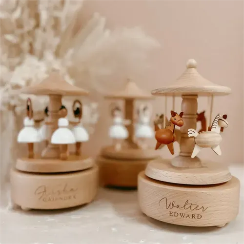 Personalized Wooden Musical Carousel with Horse - Custom Christmas Music Box for Kids