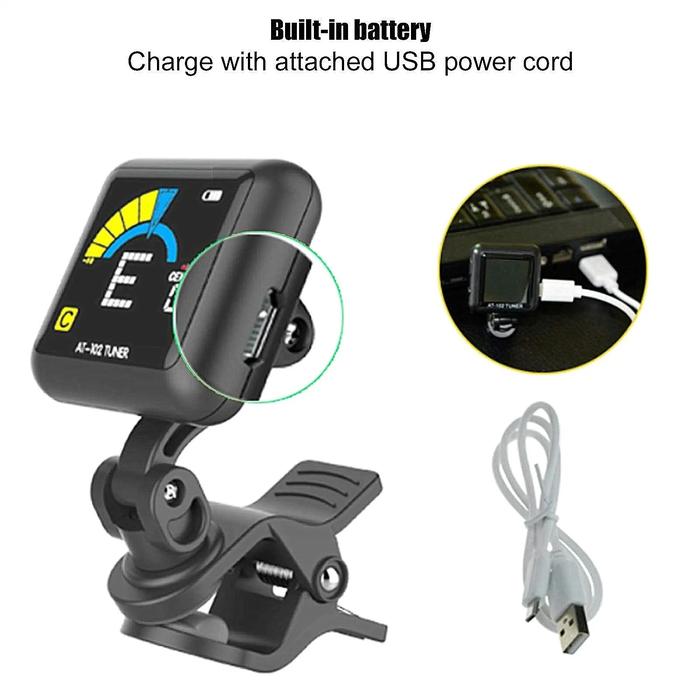 Rechargeable Clip-On Tuner for Guitar, Bass, Violin, Ukulele