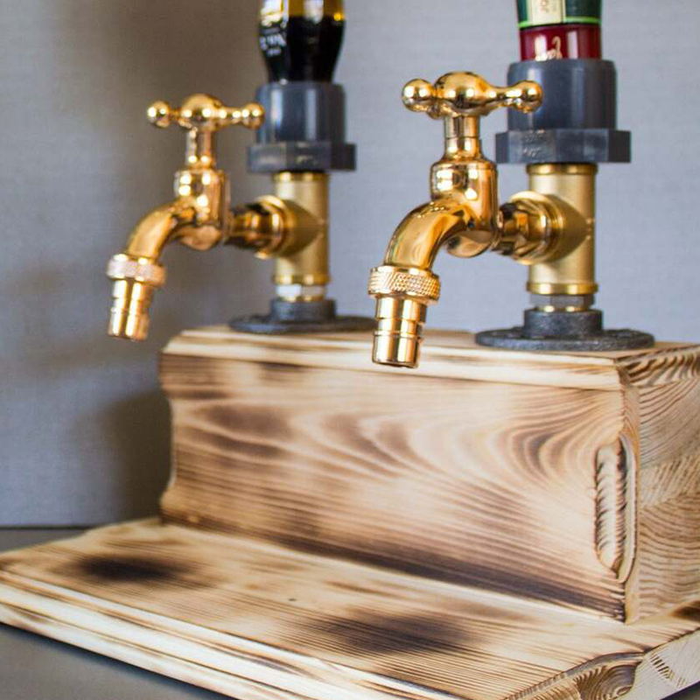 Rustic Liquor Dispenser with Brass Faucet and Wooden Base