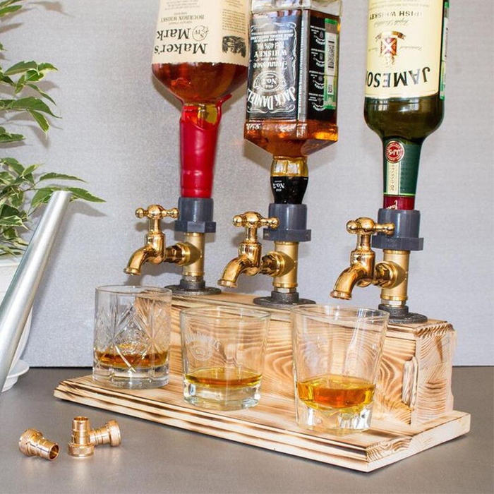Rustic Liquor Dispenser with Brass Faucet and Wooden Base
