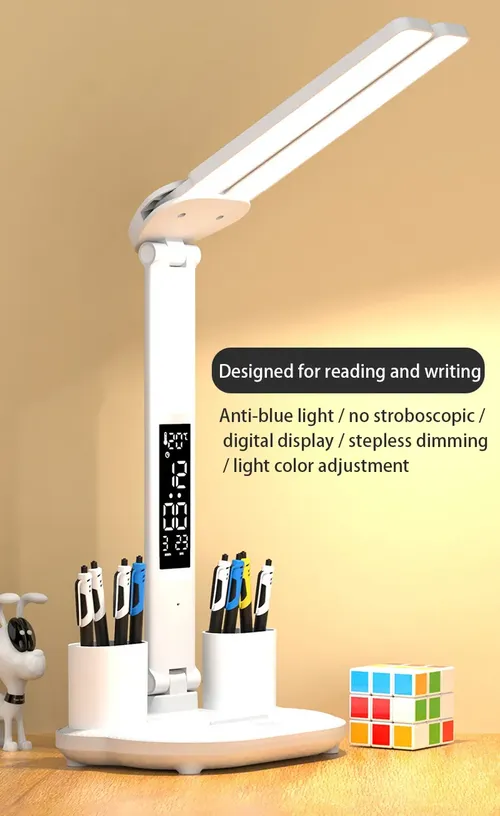 USB Rechargeable Dimmable LED Clock Table Lamp with 2 Heads and 180-Degree Rotation for Reading, Studying, and Night Light